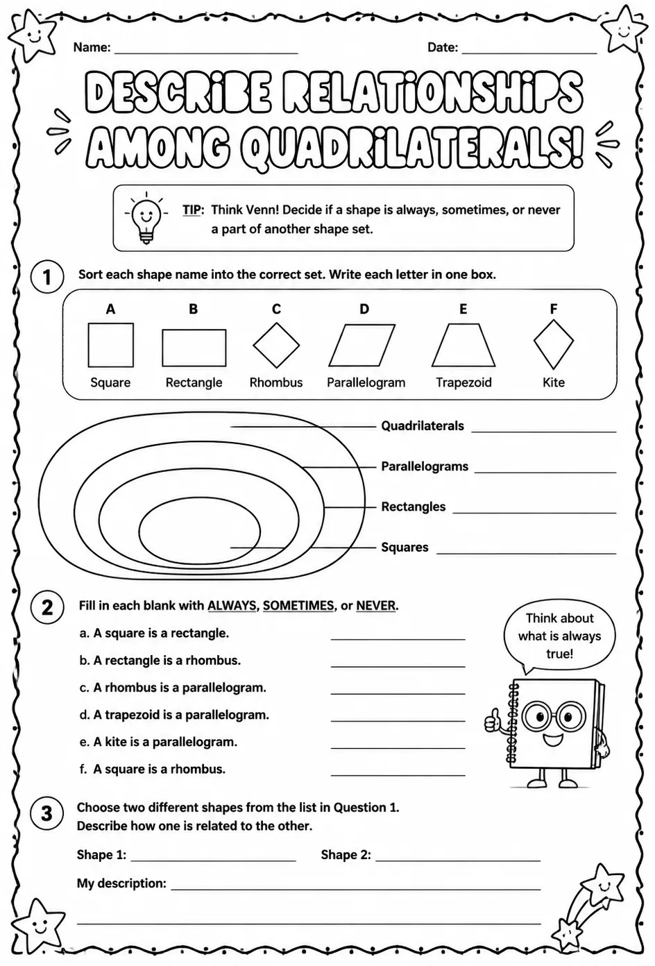 Describe relationships among quadrilaterals — free printable Grade 5 math worksheet