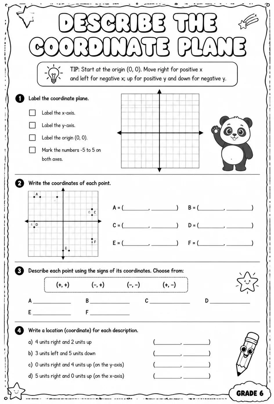 Describe the coordinate plane — free printable Grade 6 math worksheet