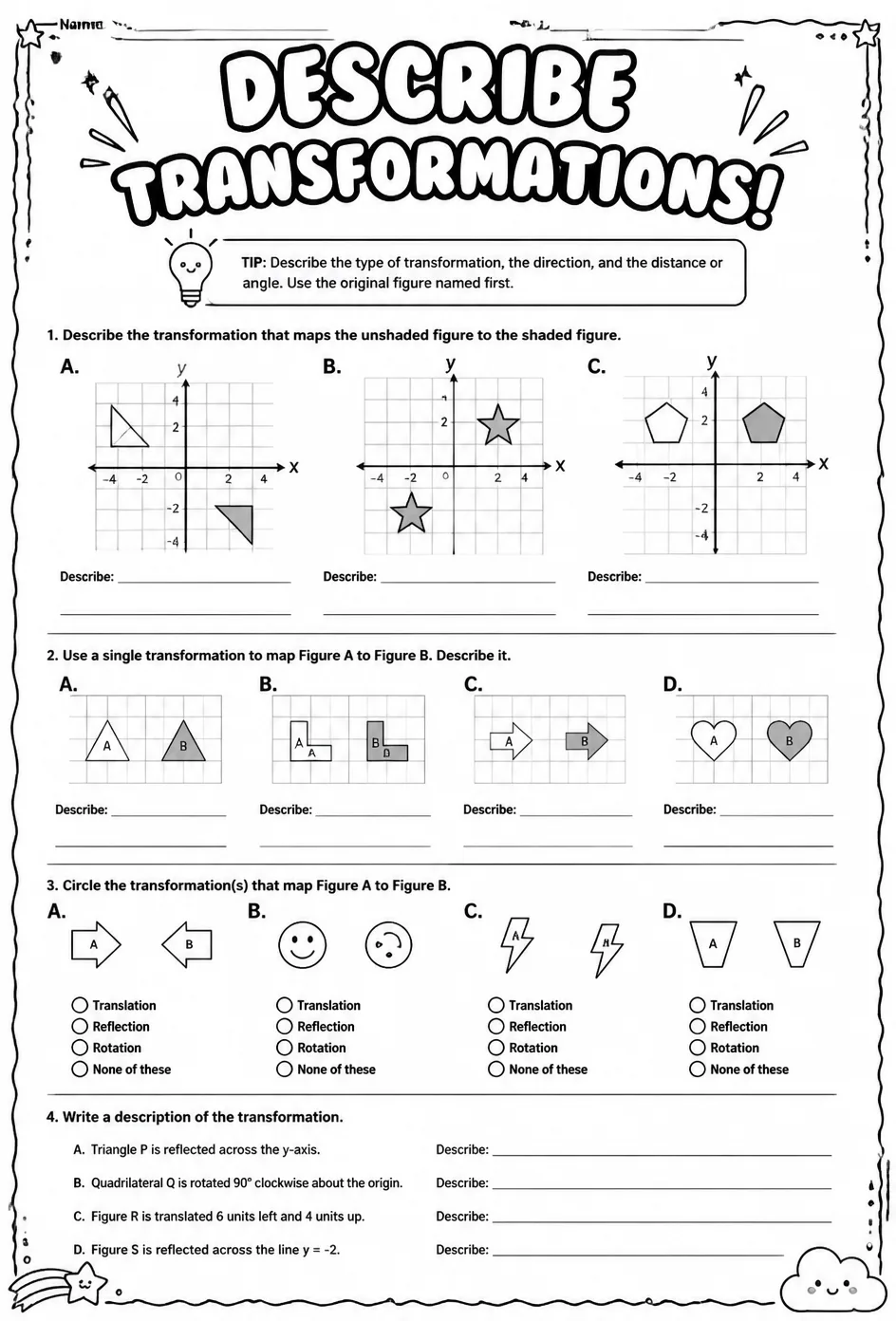 Describe transformations — free printable Grade 8 math worksheet