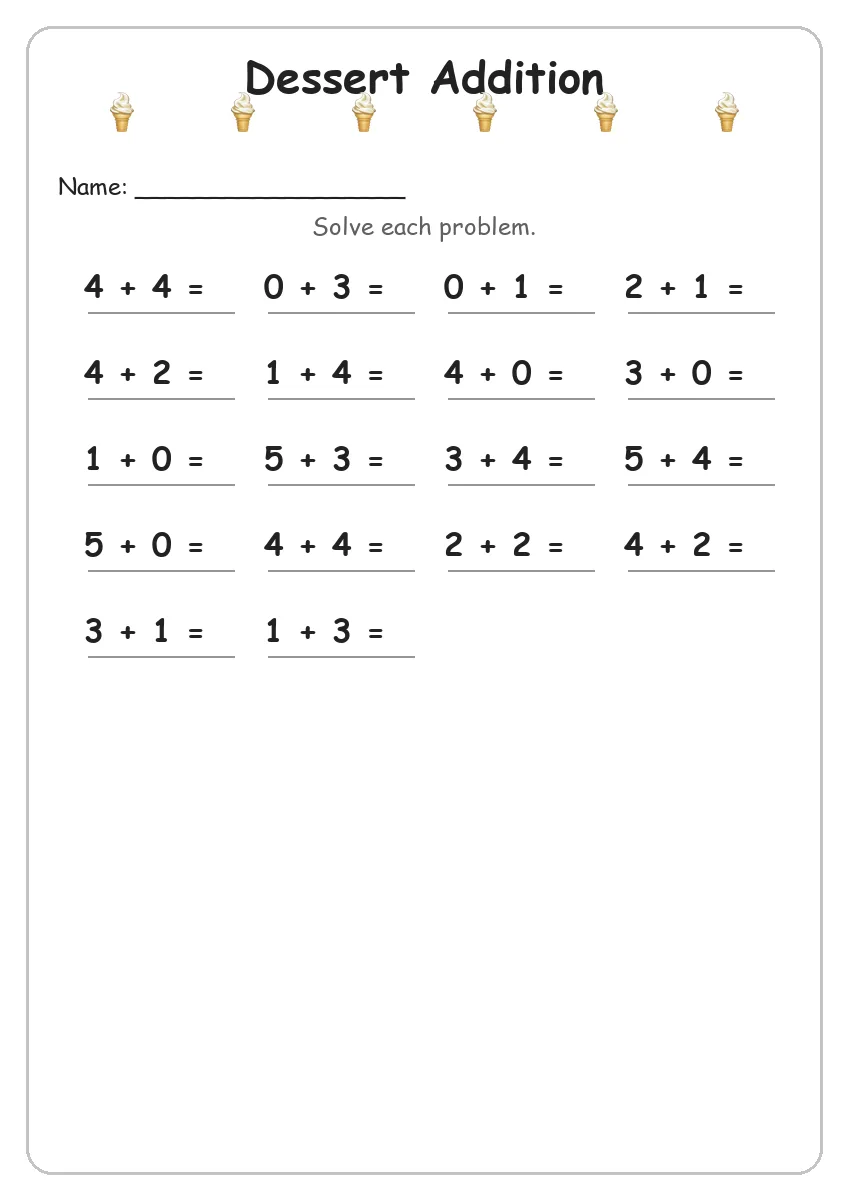 Dessert addition worksheet for Kindergarten