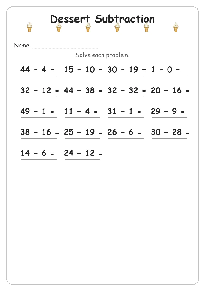 Dessert subtraction worksheet for Grade 2