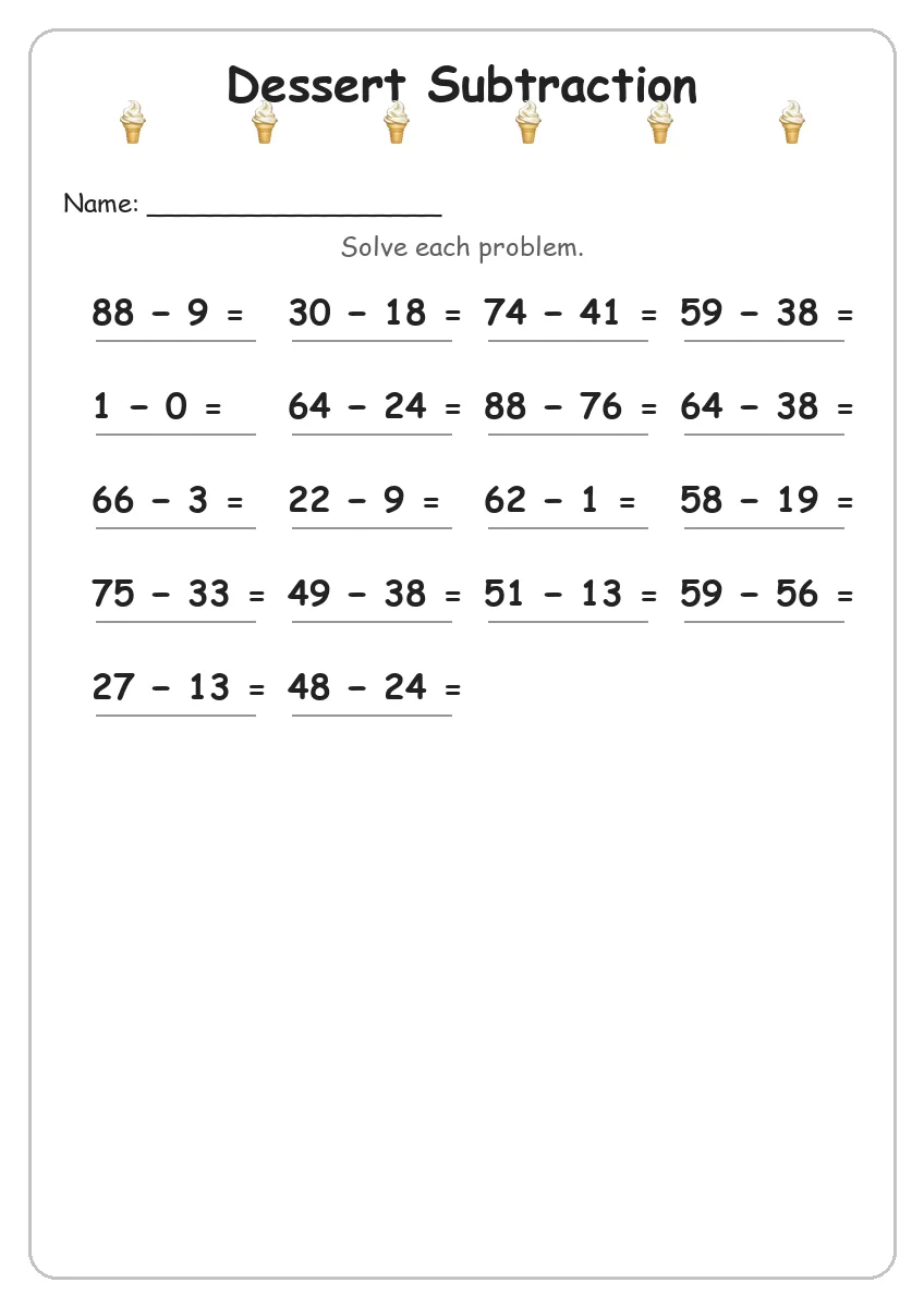 Dessert subtraction worksheet for Grade 3