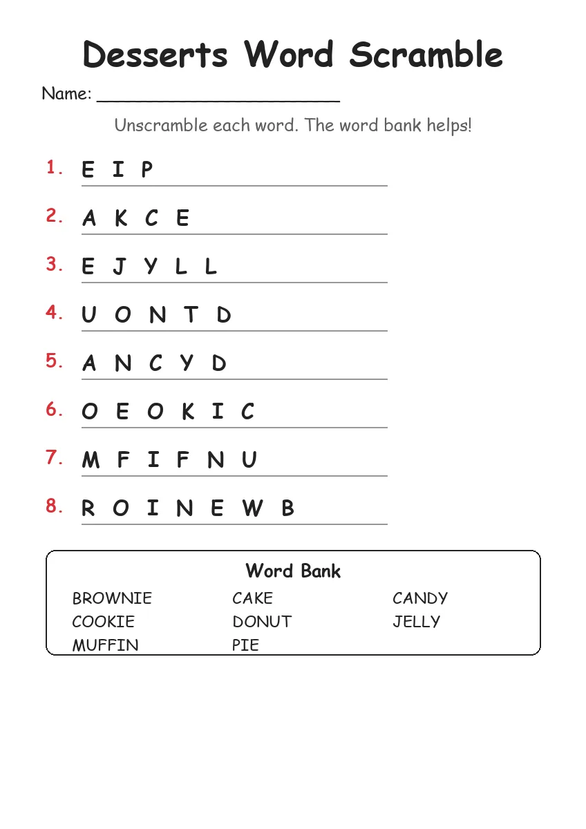 Desserts word scramble worksheet for Grade 1