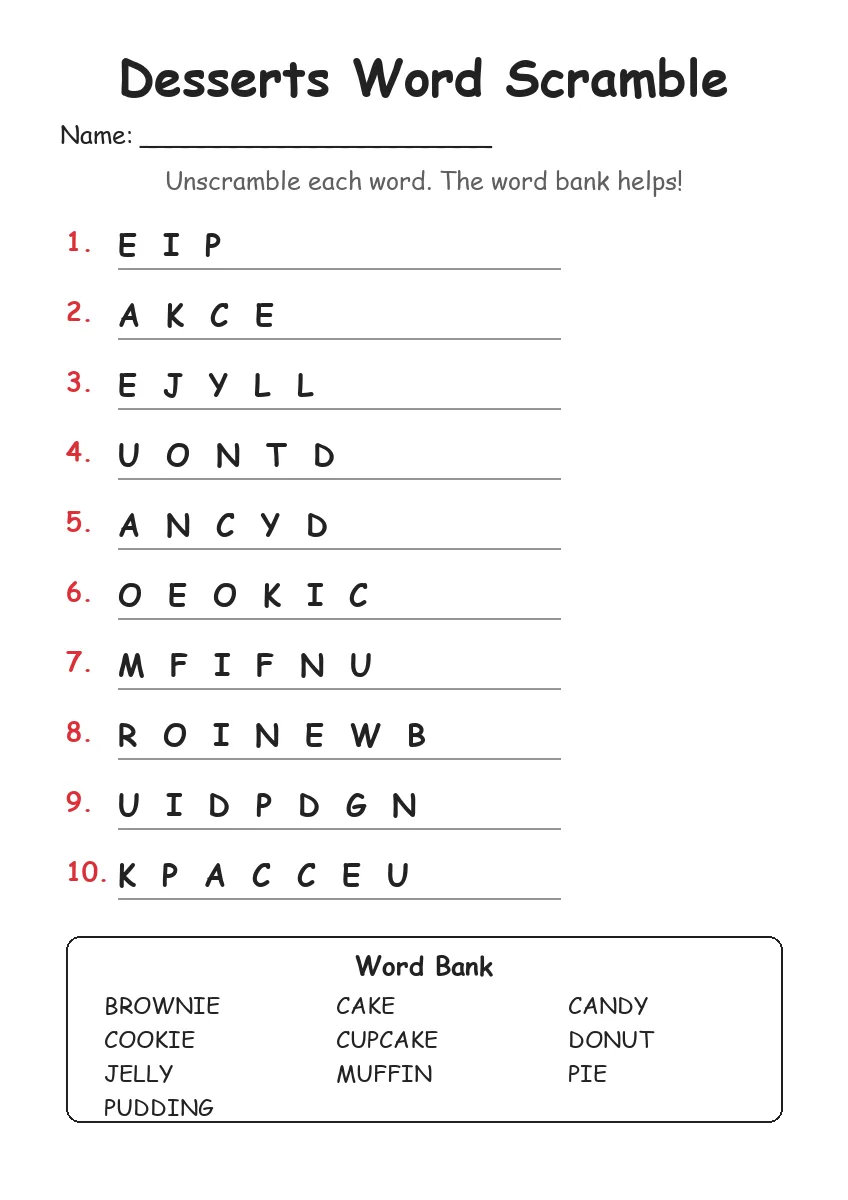 Desserts word scramble worksheet for Grade 3