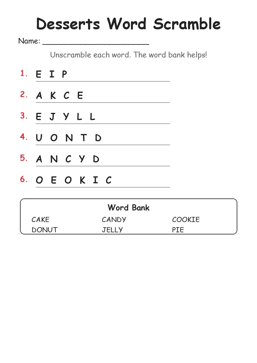 Desserts word scramble worksheet for Kindergarten