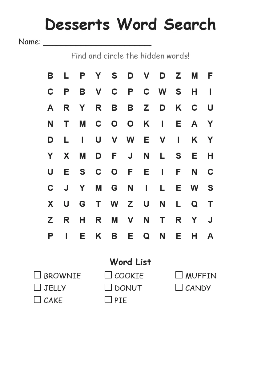 Desserts word search worksheet for Grade 1