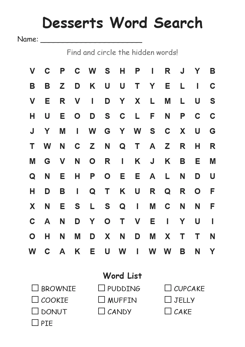 Desserts word search worksheet for Grade 2