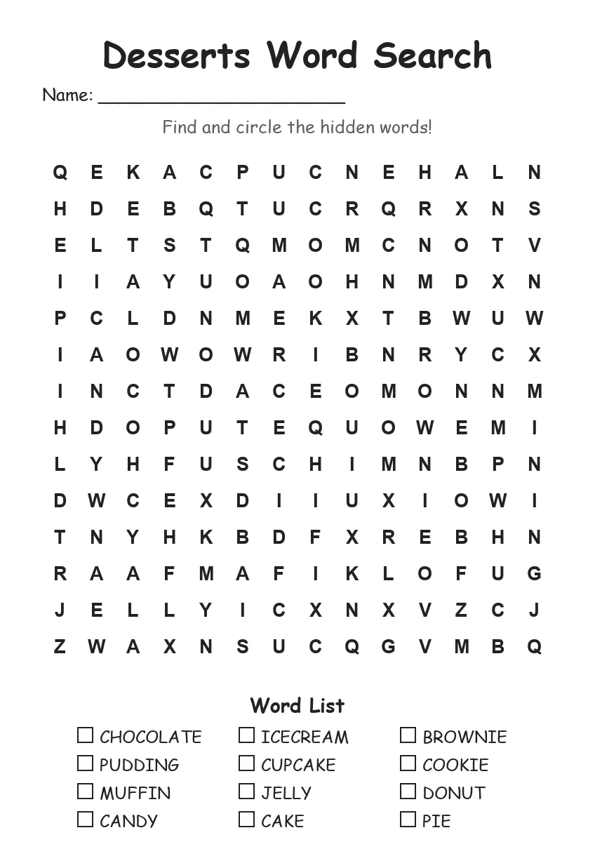 Desserts word search worksheet for Grade 3