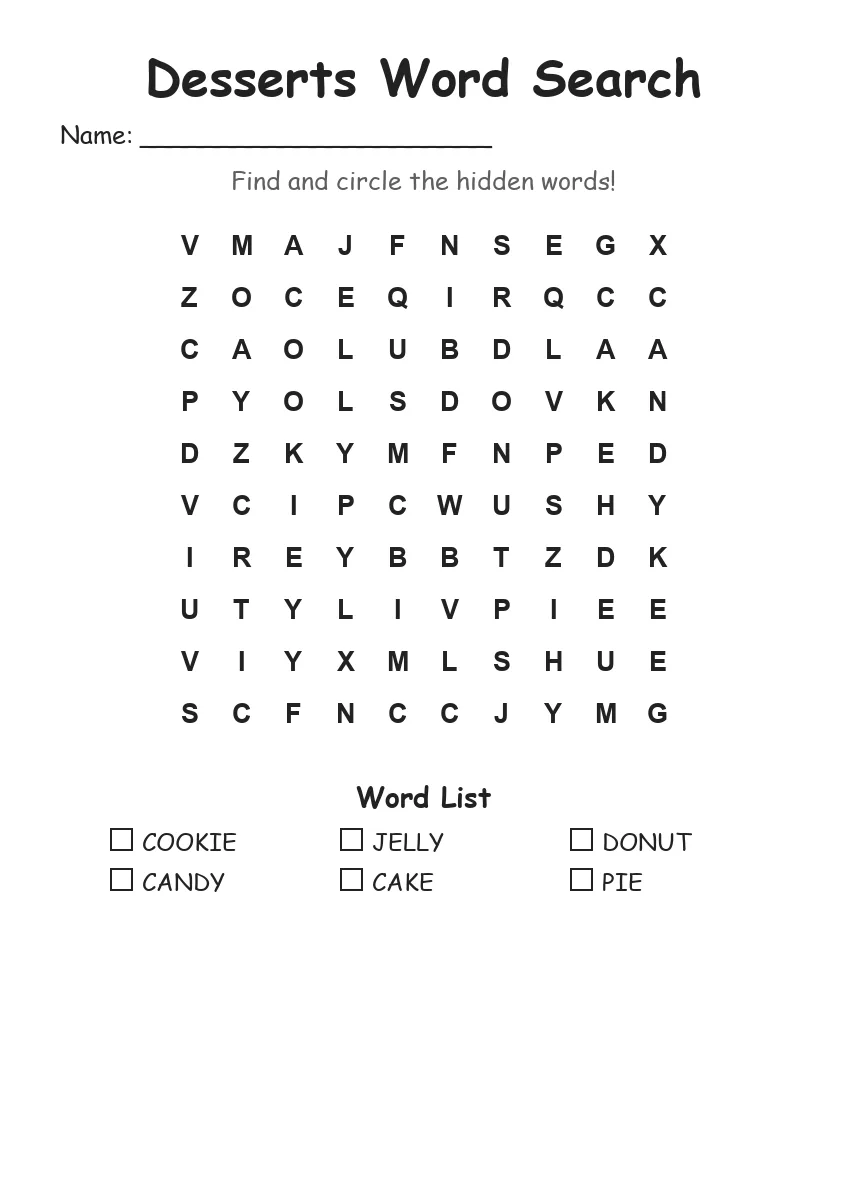 Desserts word search worksheet for Kindergarten