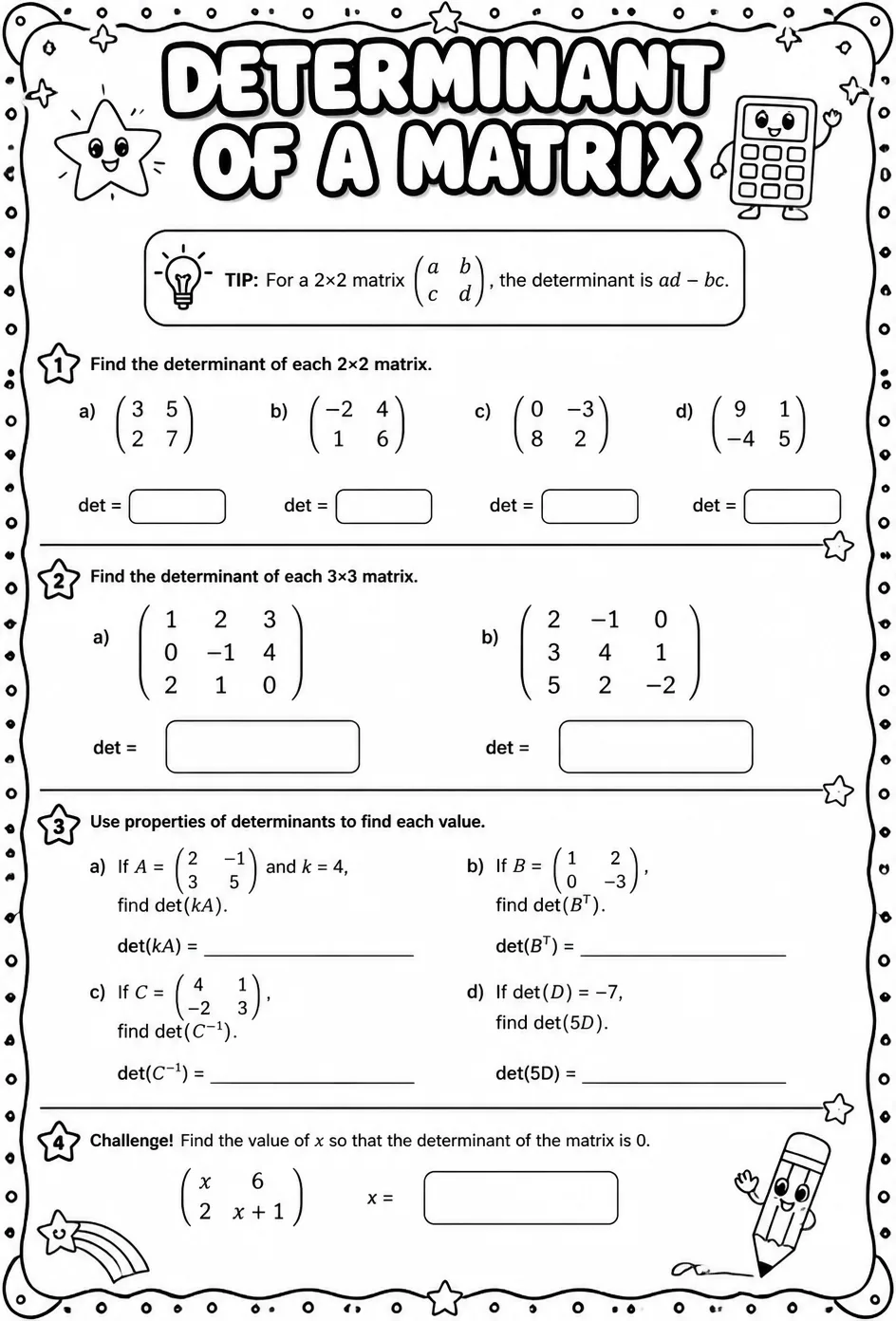 Determinant of a matrix — free printable Algebra 2 math worksheet