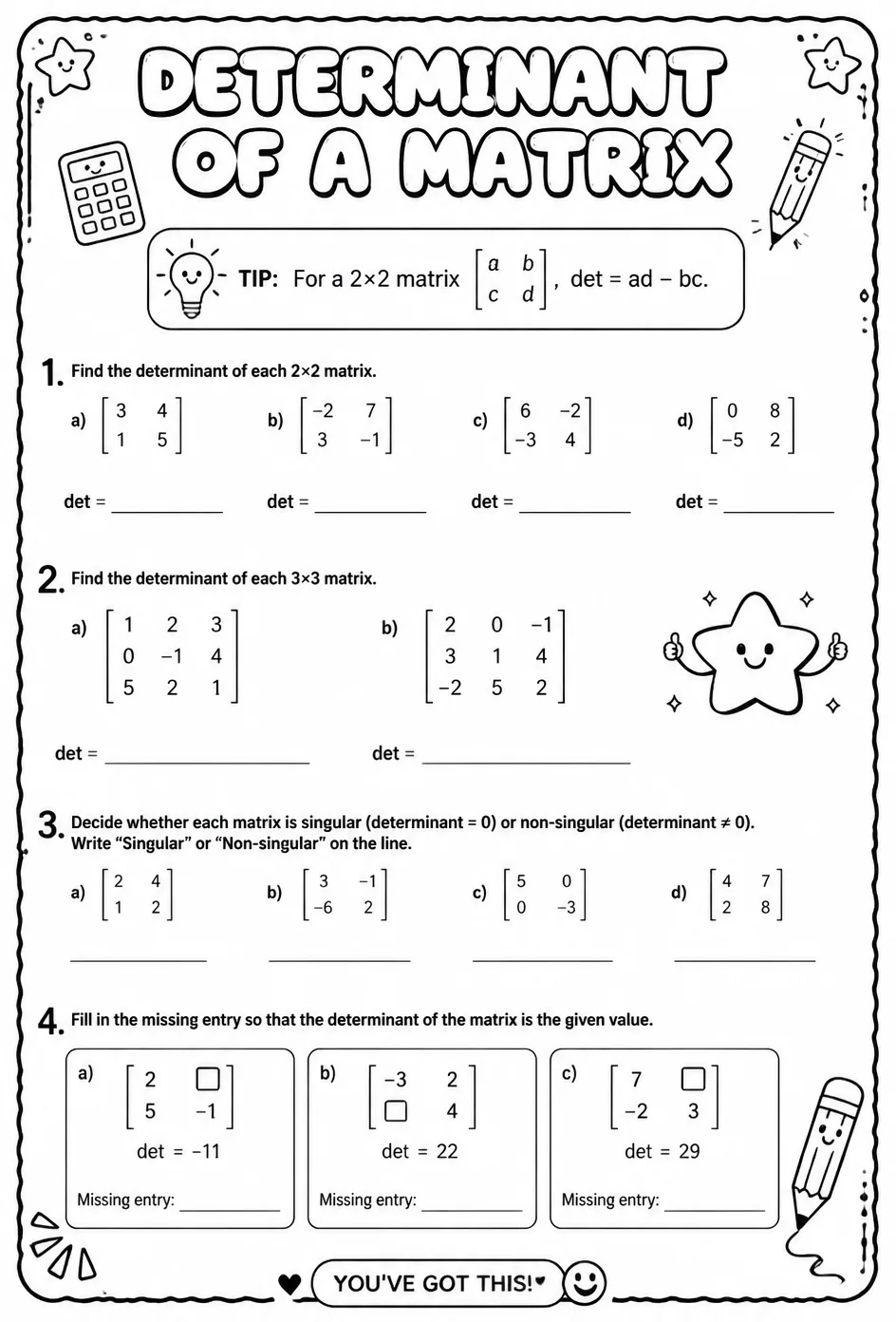 Determinant of a matrix — free printable Precalculus math worksheet