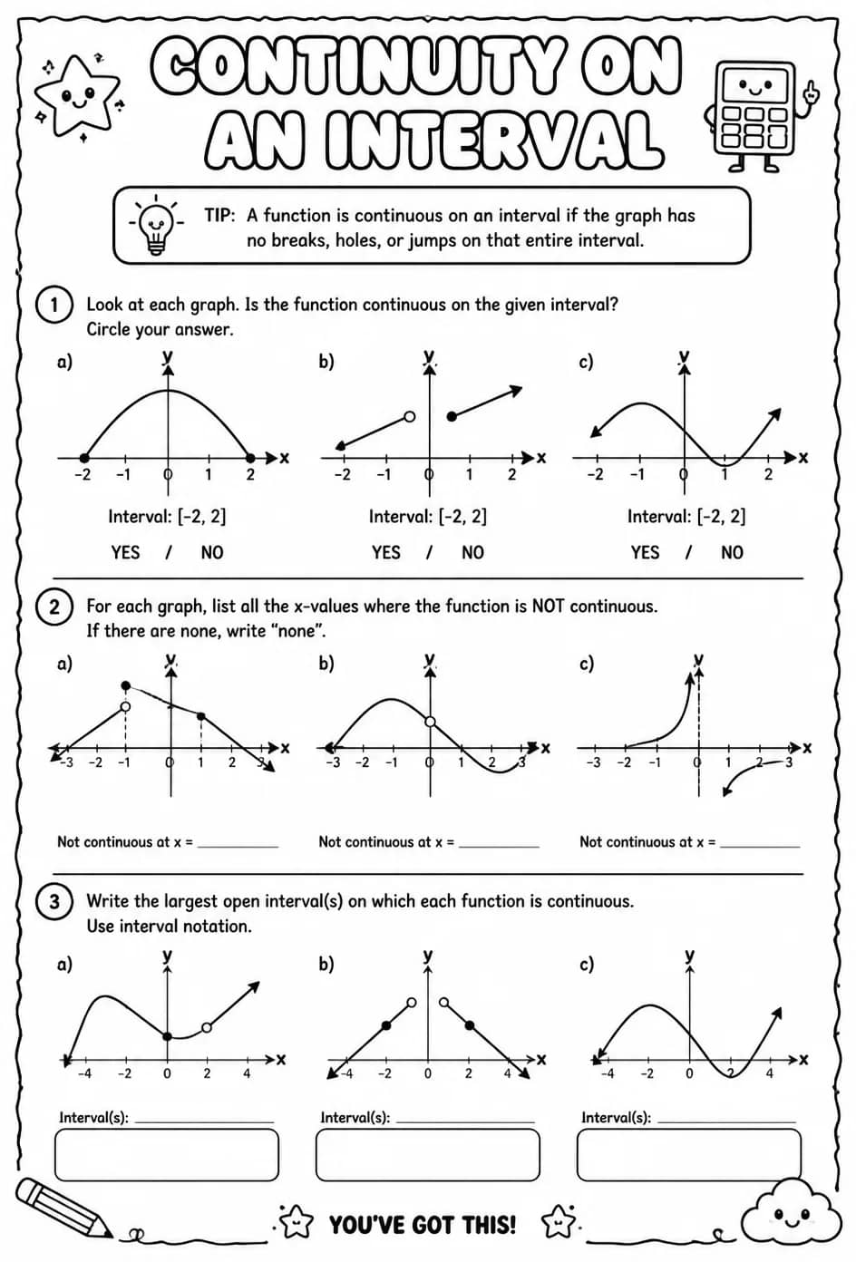 Determine continuity on an interval using graphs — free printable Calculus math worksheet