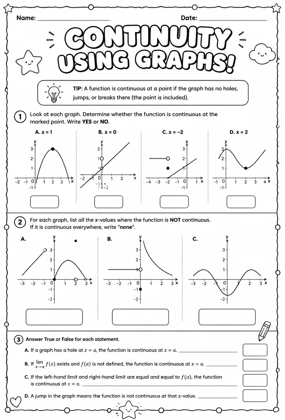 Determine continuity using graphs — free printable Calculus math worksheet