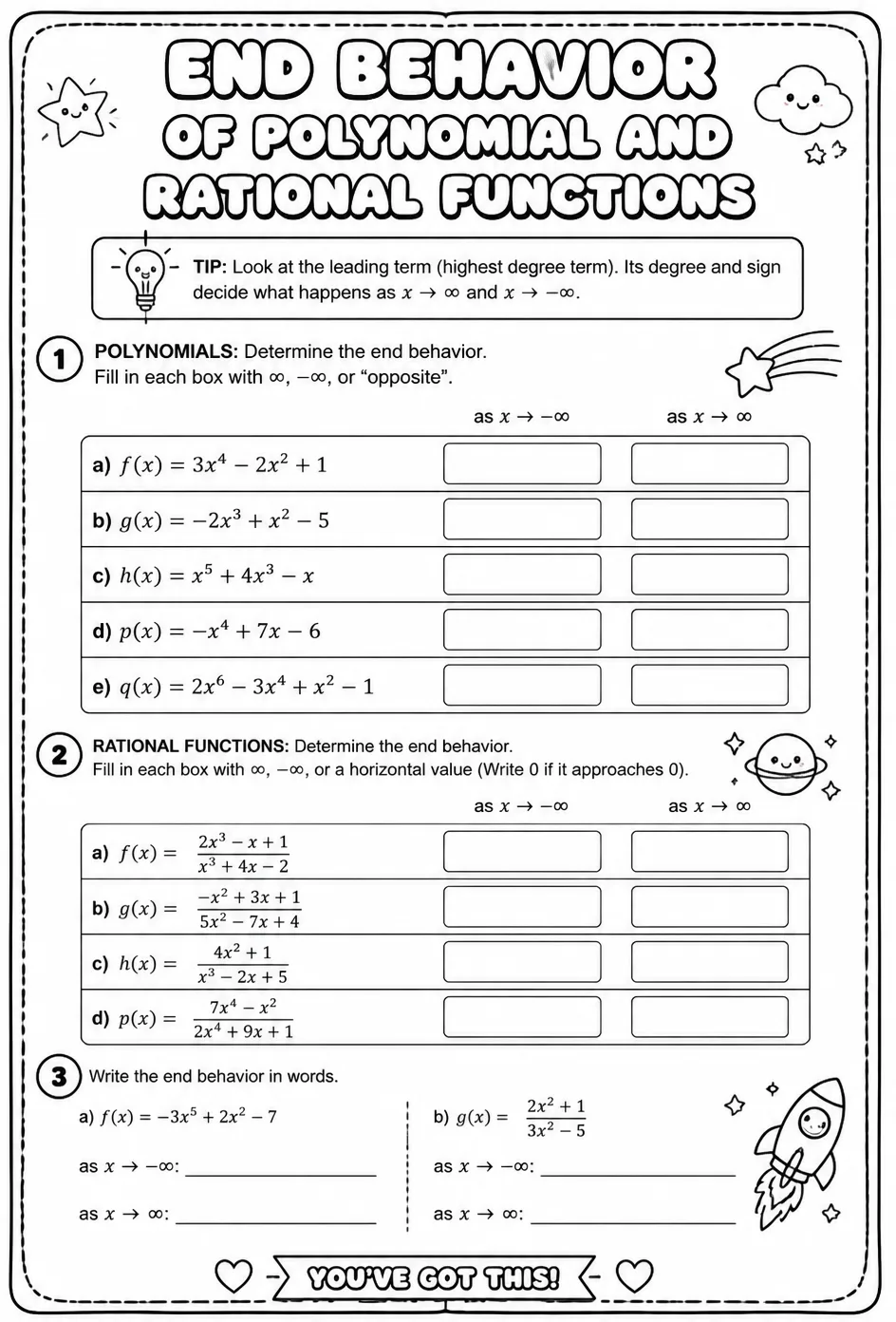 Determine end behavior of polynomial and rational functions — free printable Calculus math worksheet