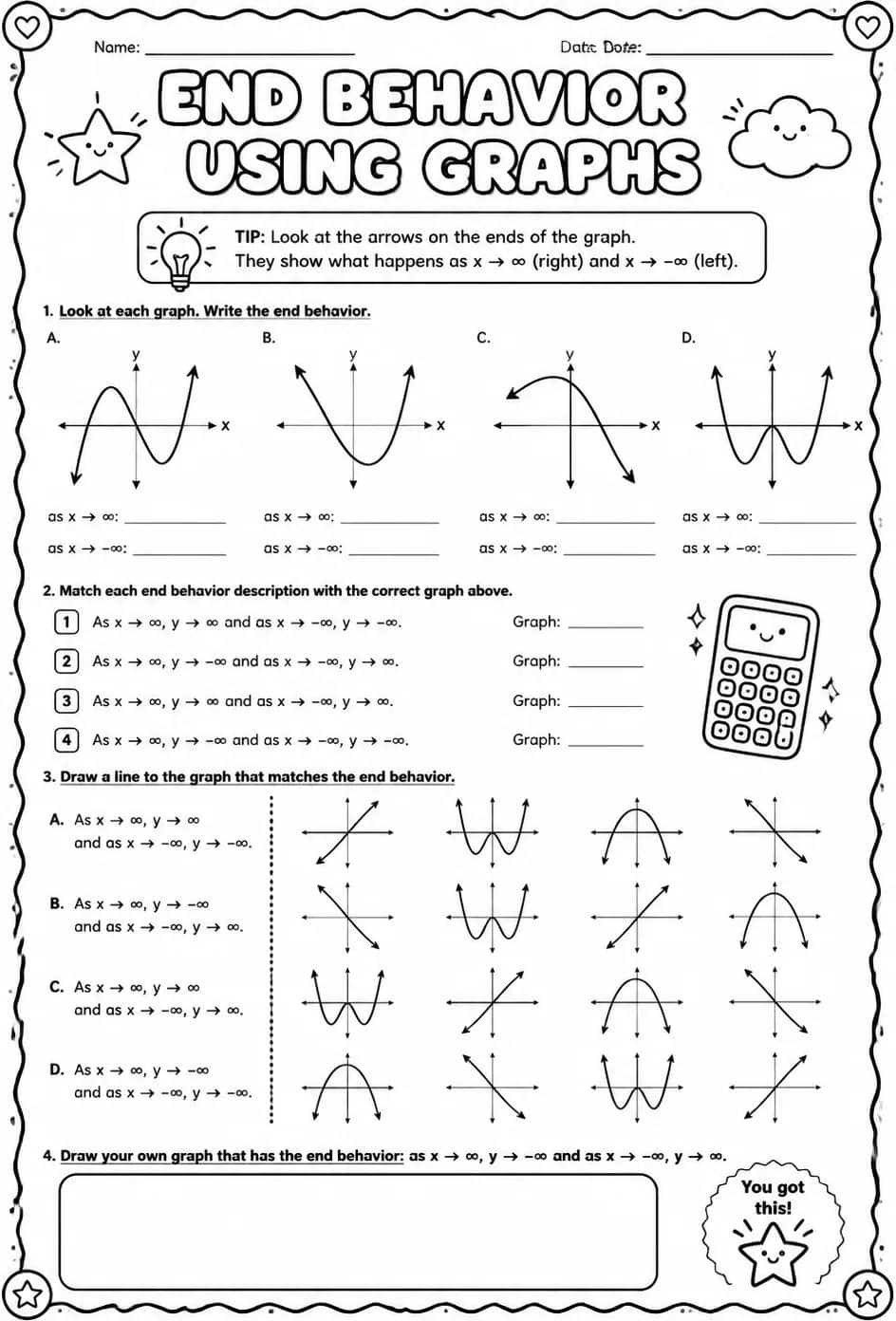 Determine end behavior using graphs — free printable Calculus math worksheet
