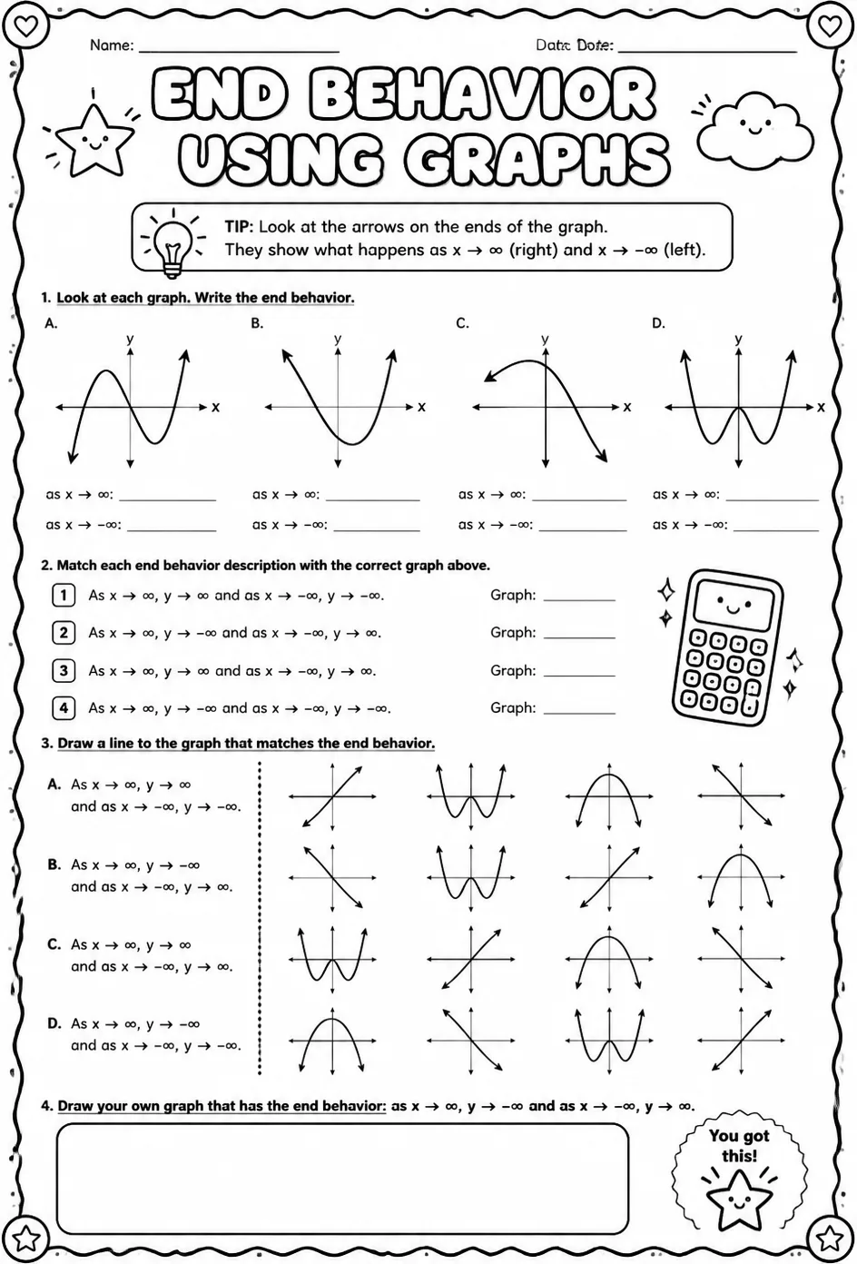 Determine end behavior using graphs — free printable Calculus math worksheet