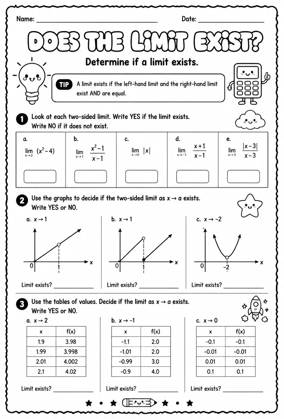 Determine if a limit exists — free printable Calculus math worksheet