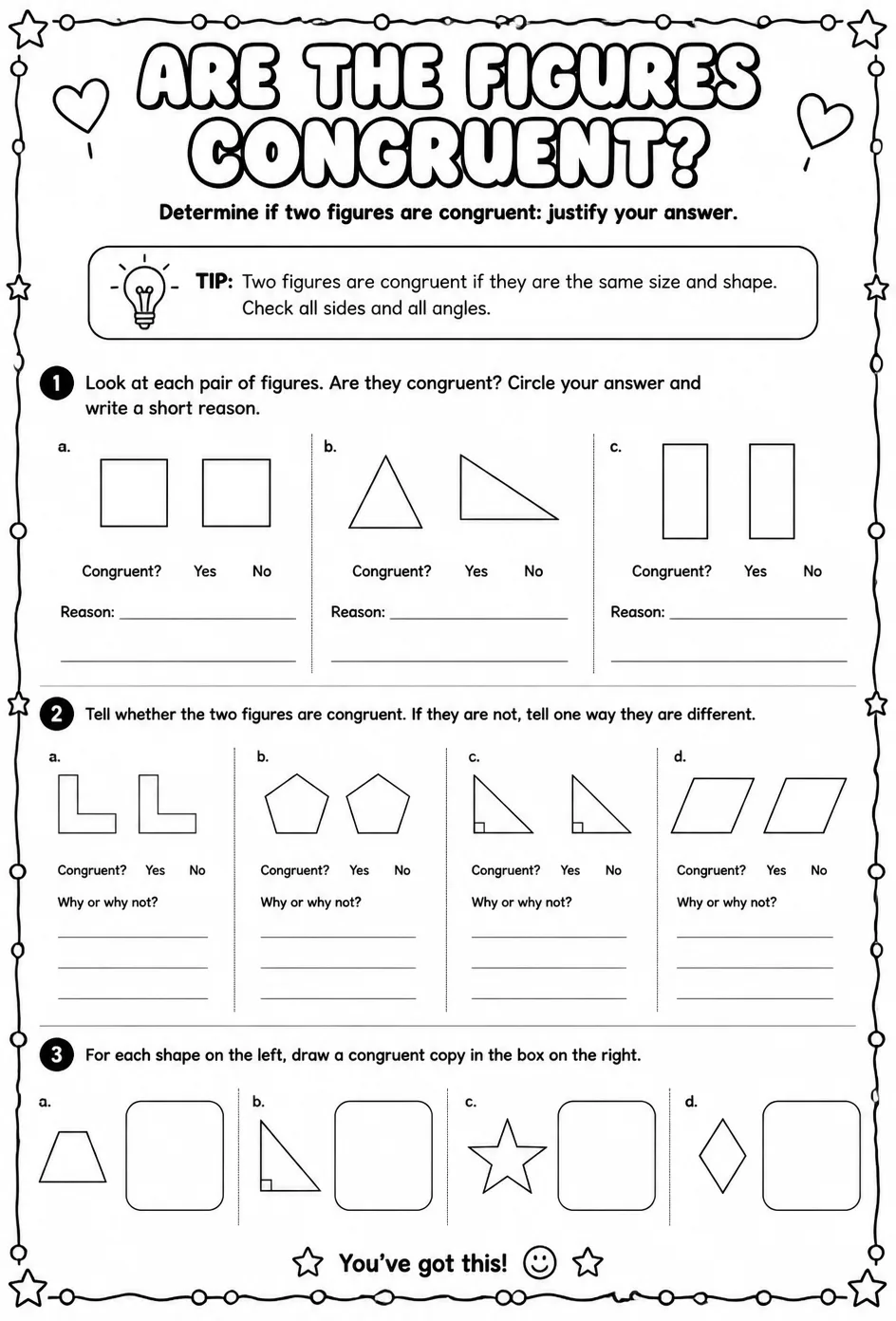 Determine if two figures are congruent: justify your answer — free printable Geometry math worksheet