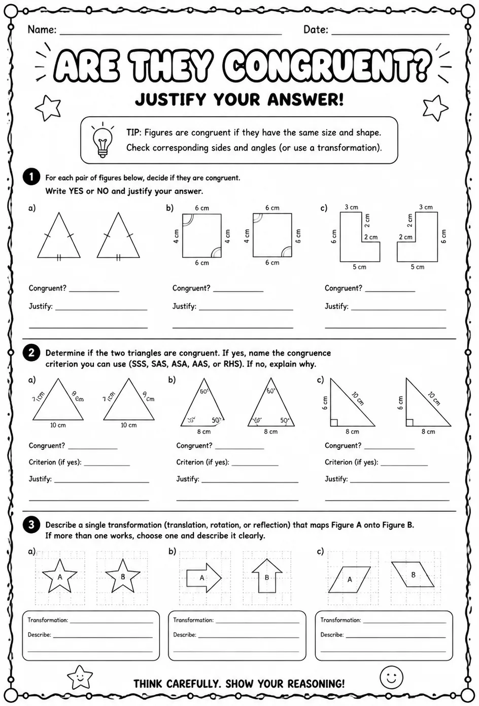 Determine if two figures are congruent: justify your answer — free printable Grade 8 math worksheet