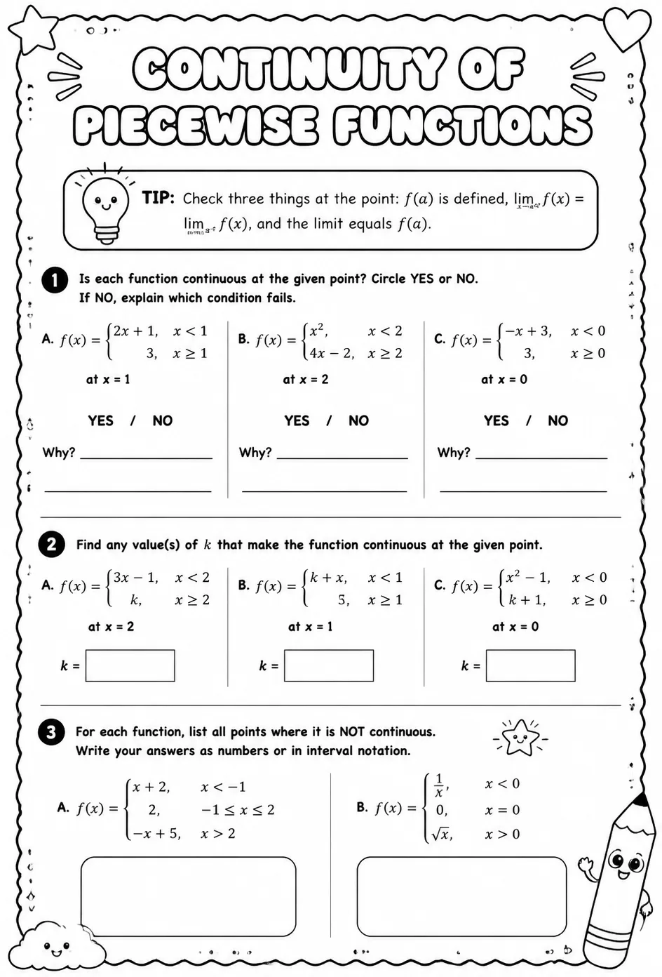 Determine the continuity of a piecewise function at a point — free printable Calculus math worksheet