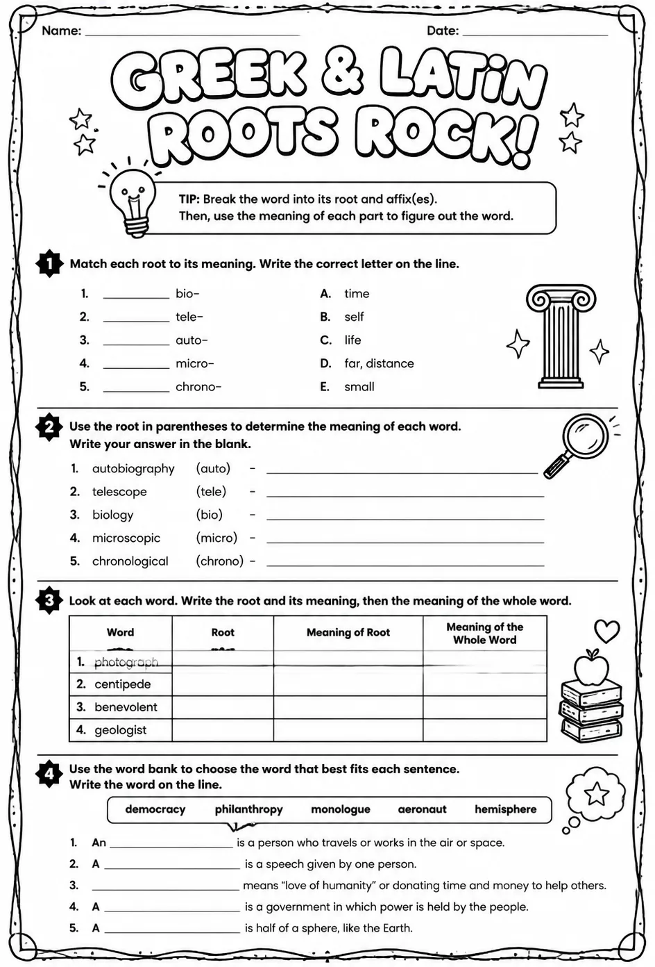 Determine the meanings of words with Greek and Latin roots — free printable Vocabulary English worksheet