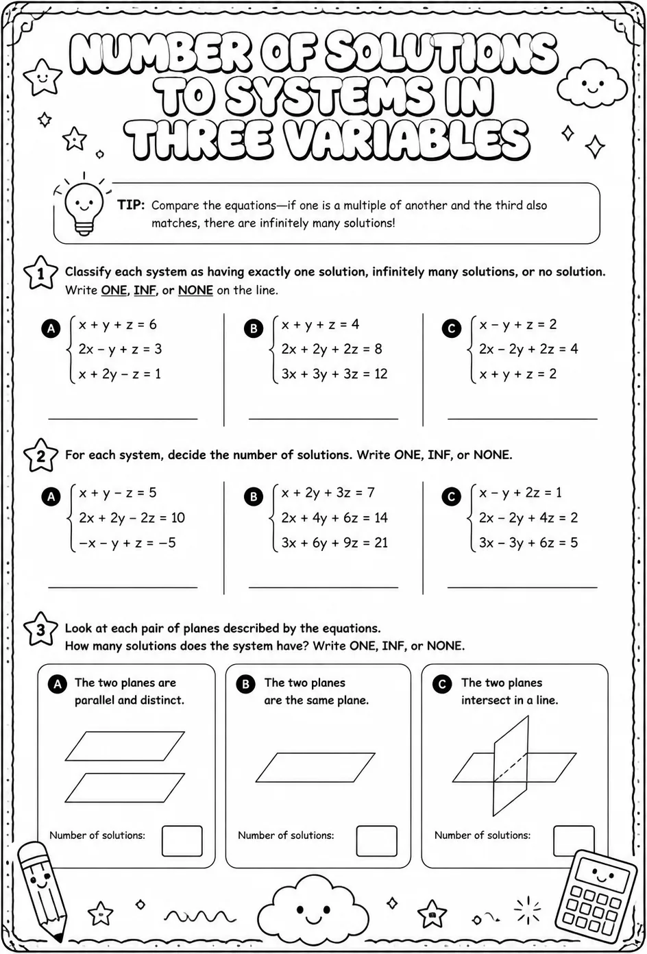 Determine the number of solutions to a system of equations in three variables — free printable Algebra 2 math worksheet