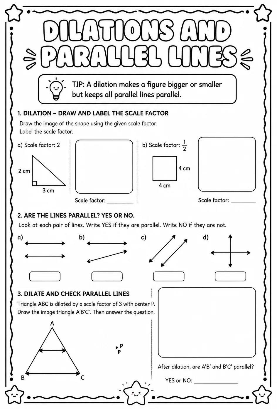 Dilations and parallel lines — free printable Geometry math worksheet