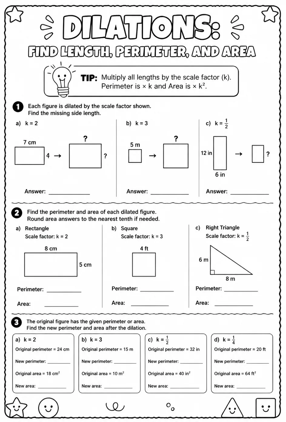 Dilations: find length, perimeter, and area — free printable Geometry math worksheet