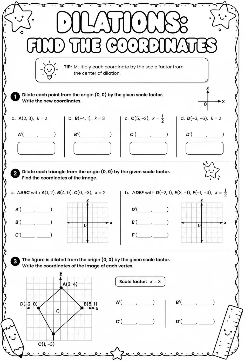 Dilations: find the coordinates — free printable Geometry math worksheet