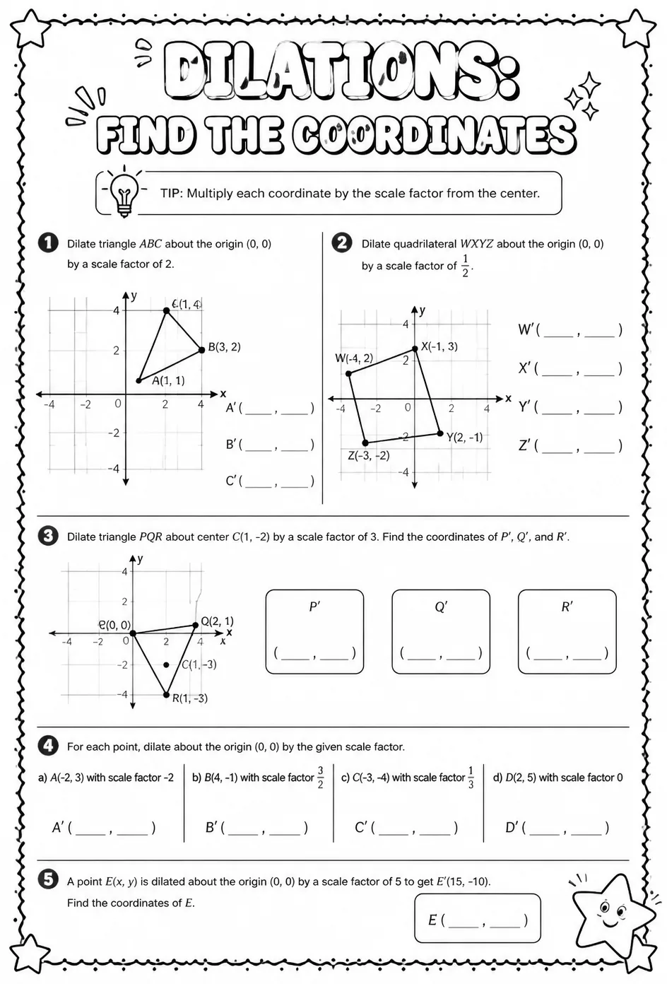 Dilations: find the coordinates — free printable Grade 8 math worksheet