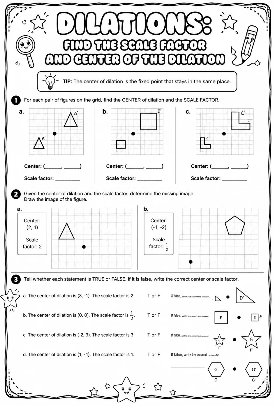 Dilations: find the scale factor and center of the dilation — free printable Geometry math worksheet