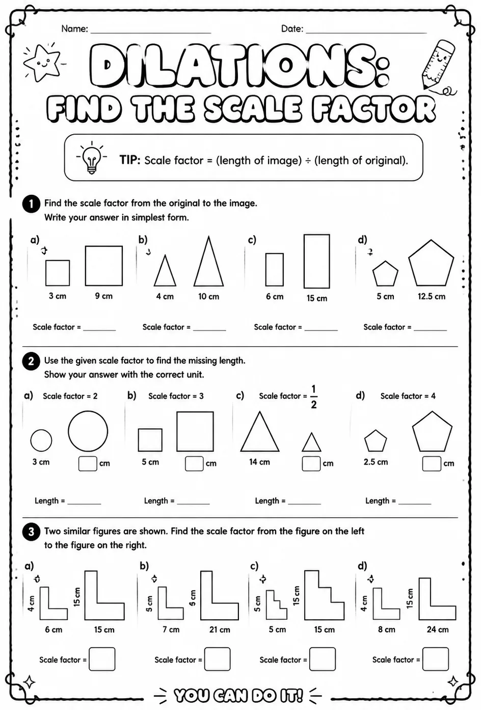 Dilations: find the scale factor — free printable Geometry math worksheet