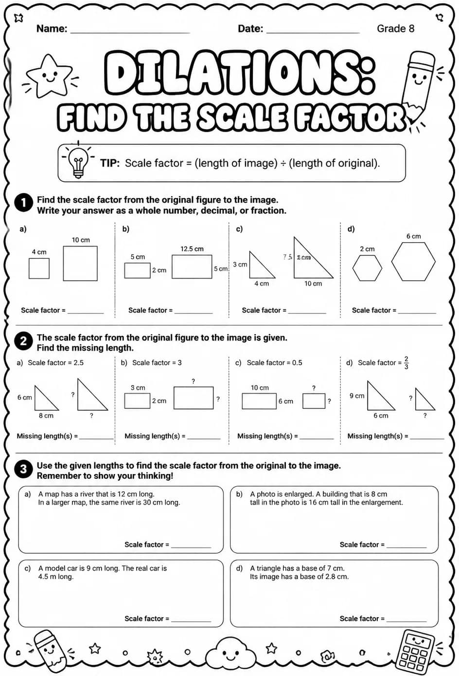 Dilations: find the scale factor — free printable Grade 8 math worksheet