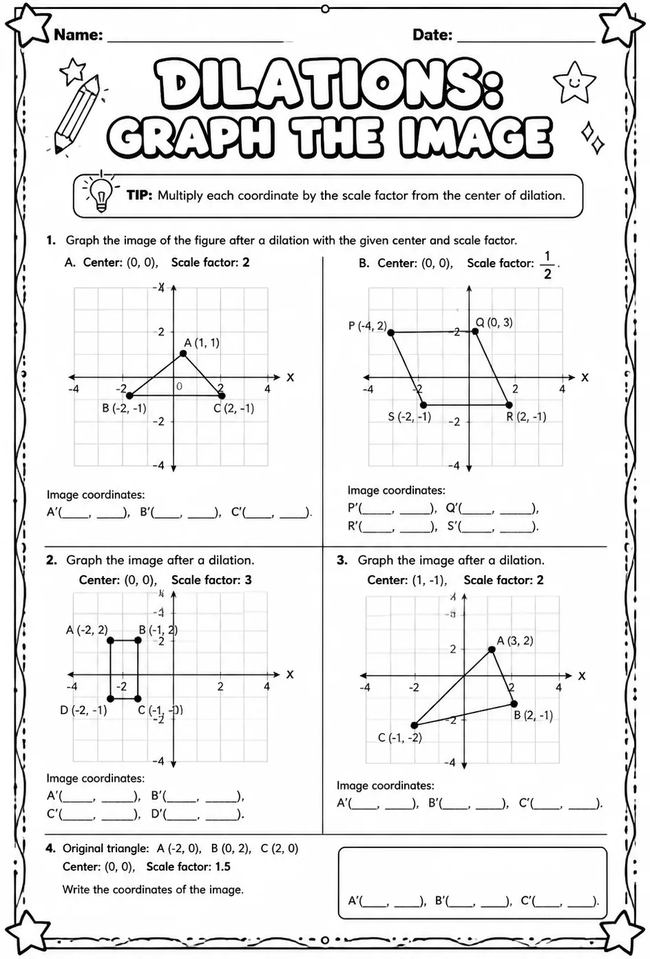 Dilations: graph the image — free printable Grade 8 math worksheet