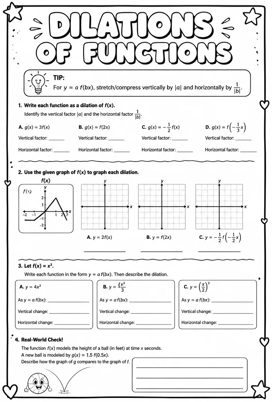 Dilations of functions — free printable Algebra 2 math worksheet