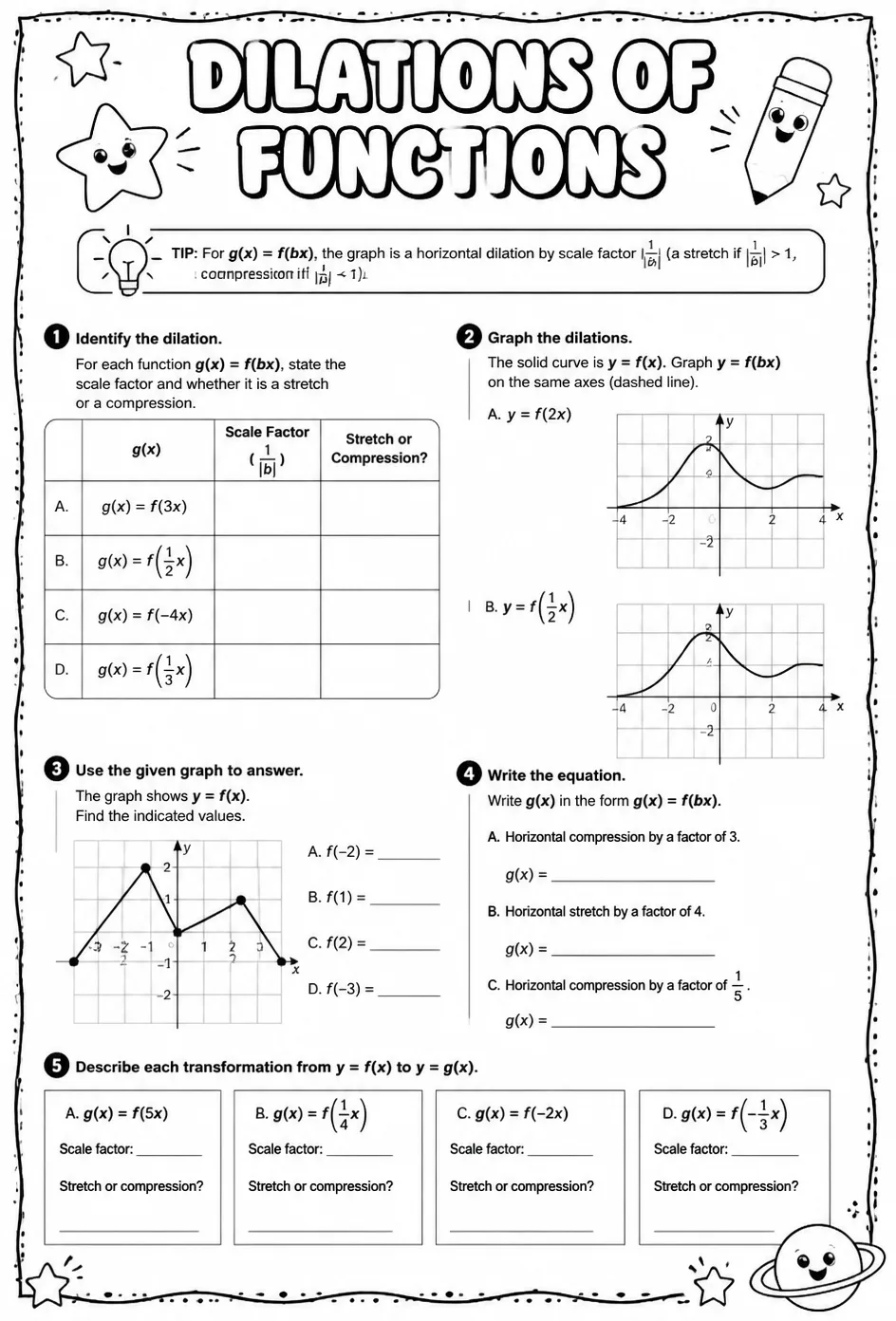 Dilations of functions — free printable Precalculus math worksheet