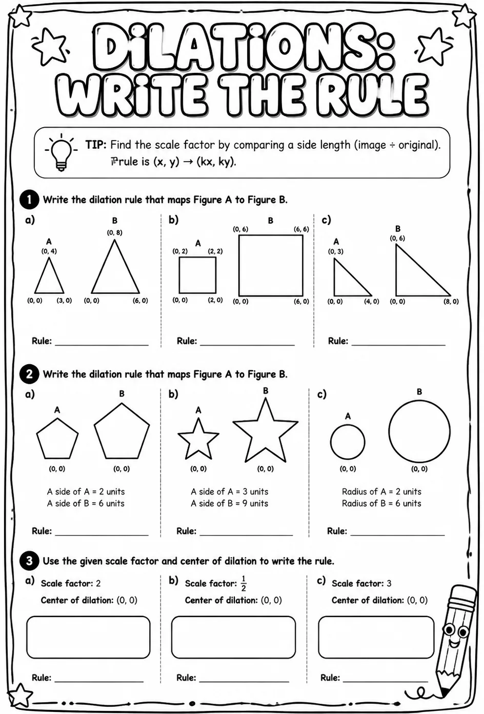 Dilations: write the rule — free printable Geometry math worksheet
