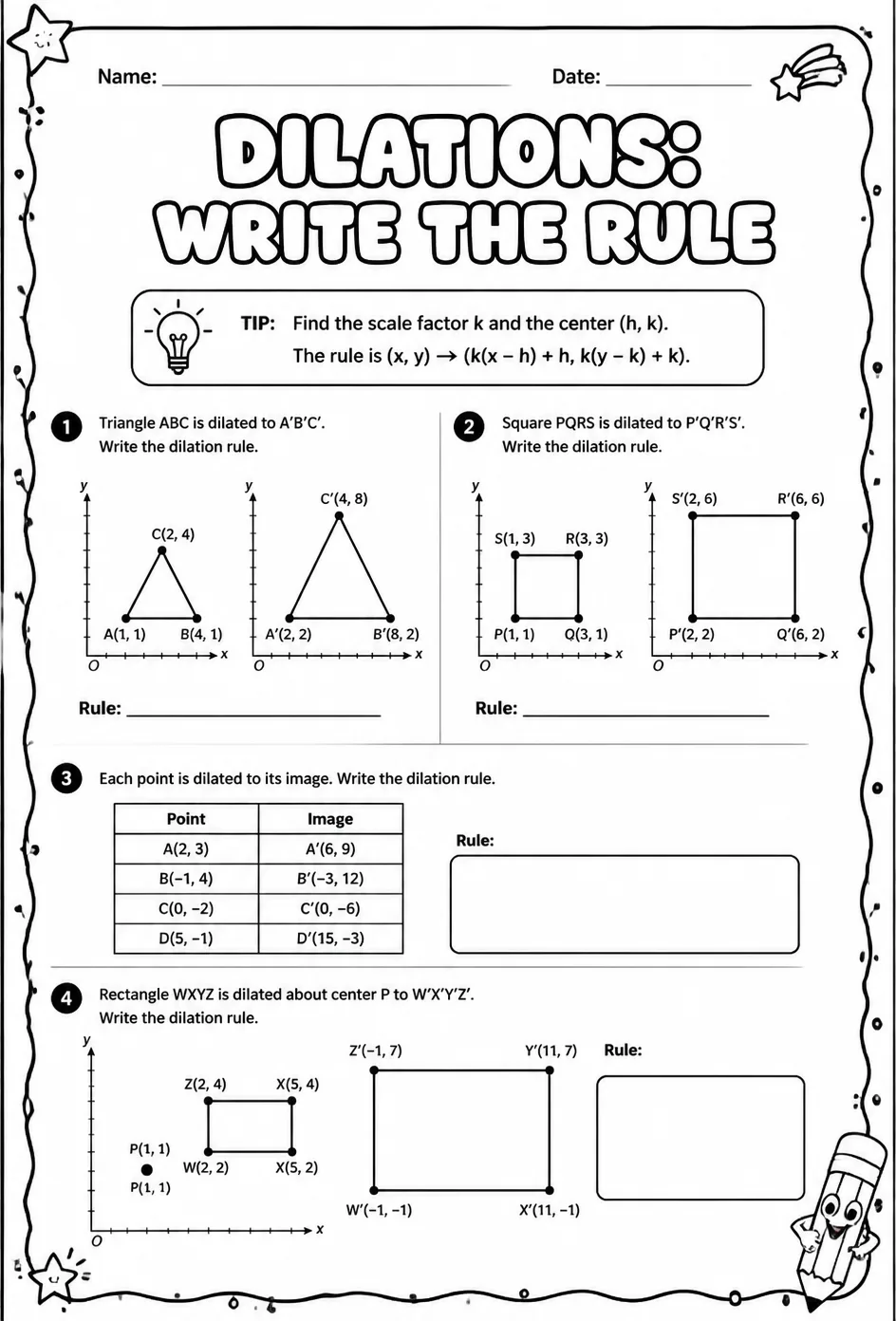 Dilations: write the rule — free printable Grade 8 math worksheet