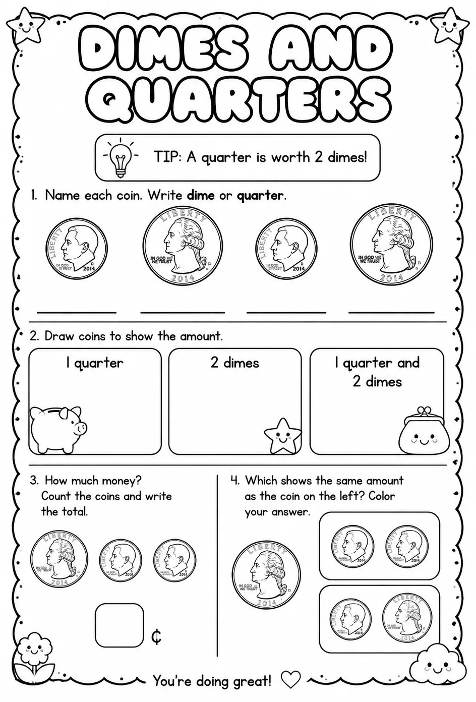Dimes and quarters — free printable Pre-K math worksheet
