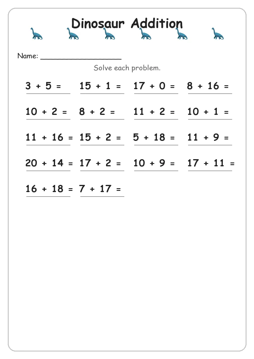 Dinosaur addition worksheet for Grade 2