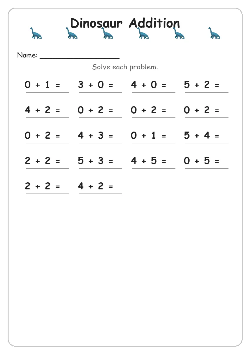 Dinosaur addition worksheet for Kindergarten