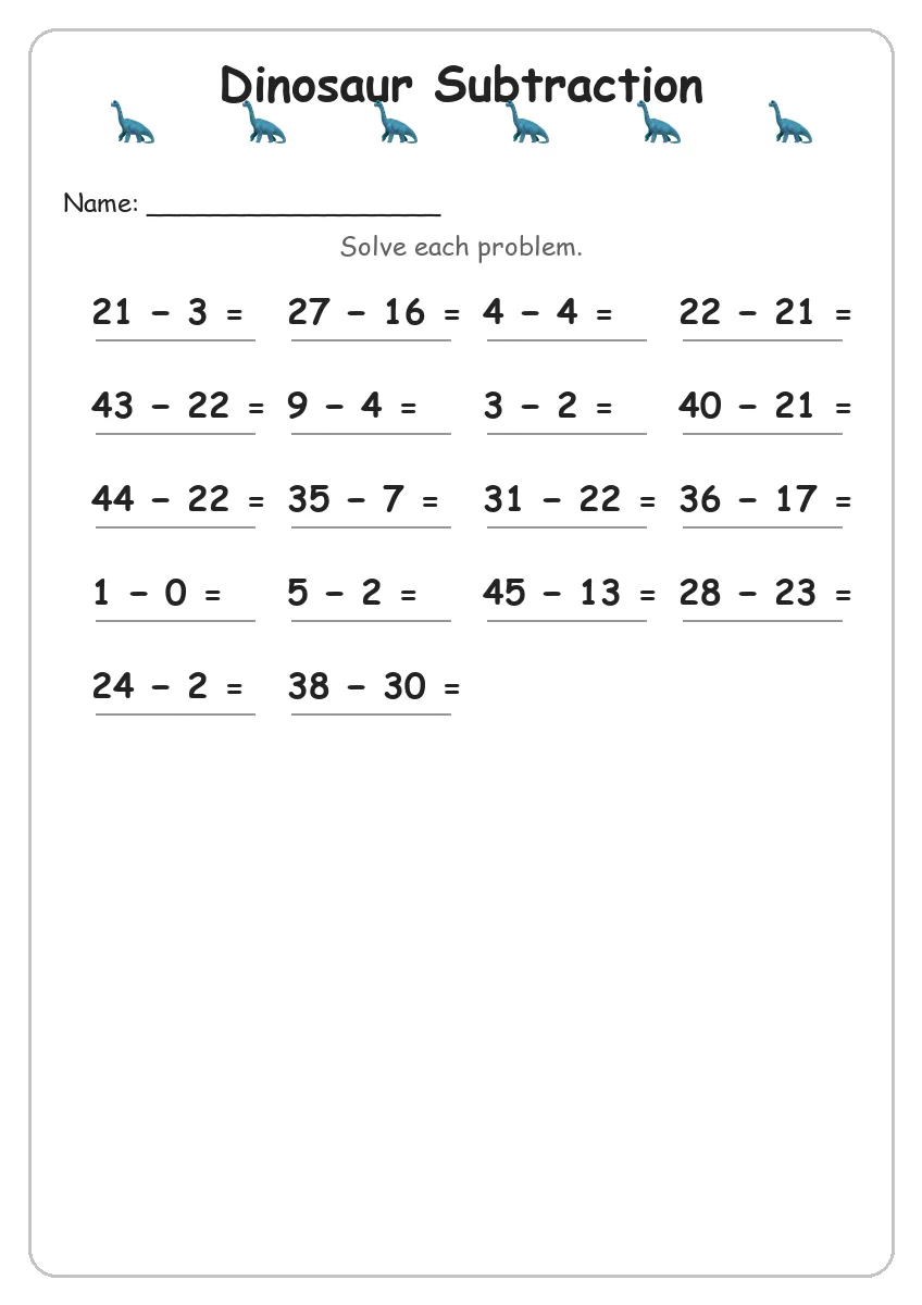 Dinosaur subtraction worksheet for Grade 2