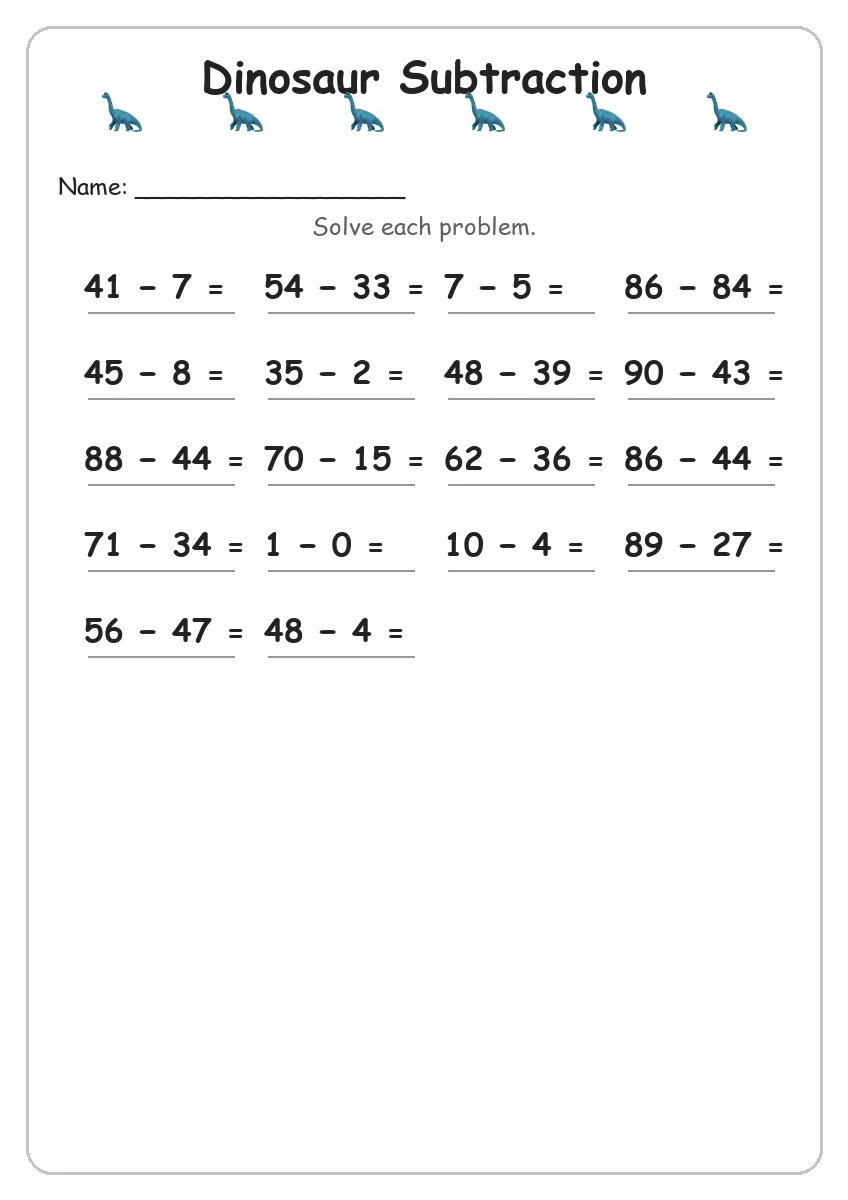 Dinosaur subtraction worksheet for Grade 3