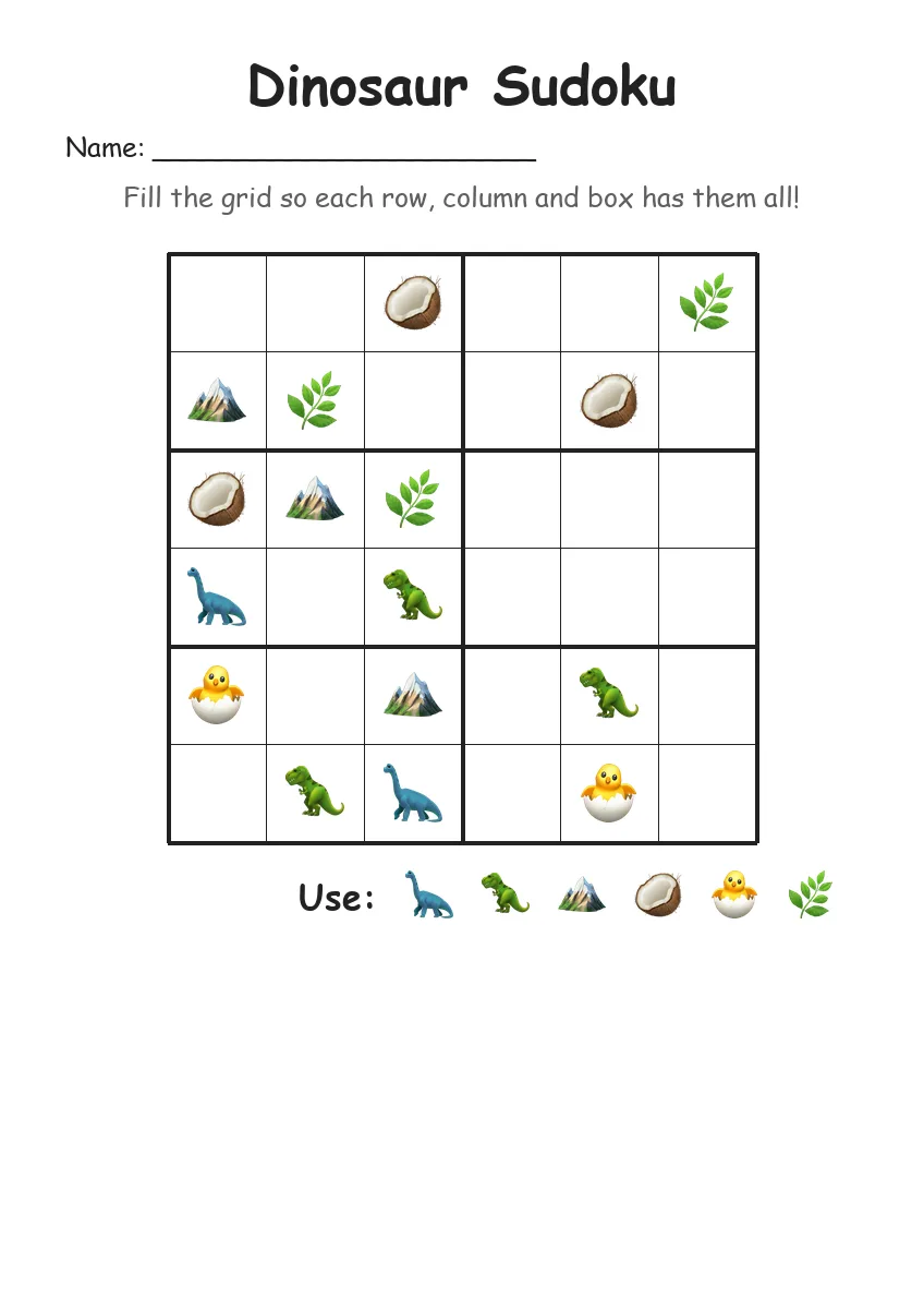 Dinosaur Sudoku 6x6 (Grade 2)
