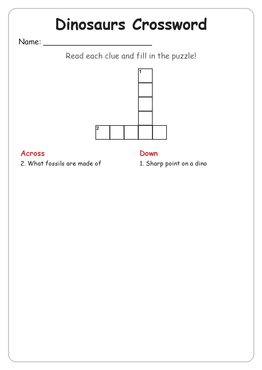 Dinosaurs crossword worksheet for Grade 1