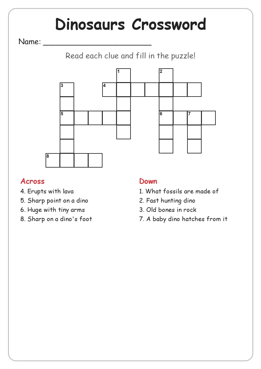 Dinosaurs crossword worksheet for Grade 3