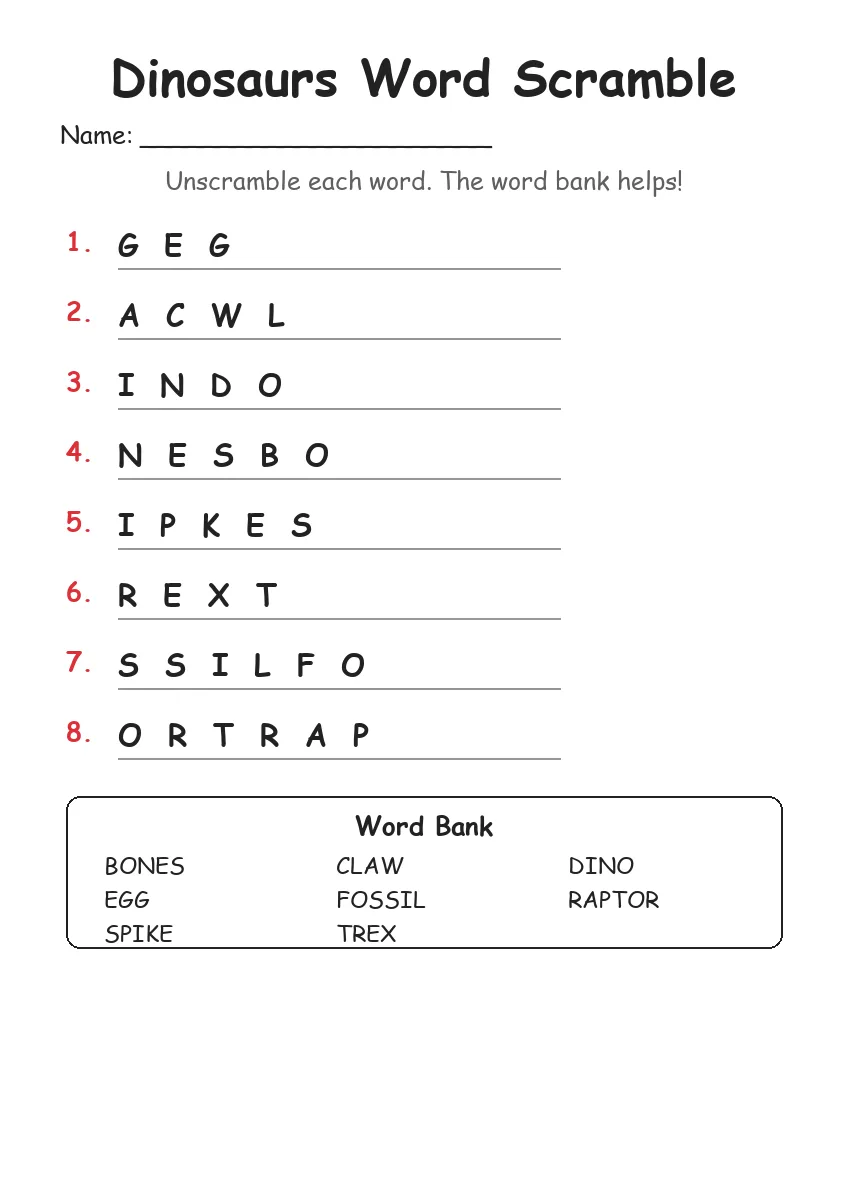 Dinosaurs word scramble worksheet for Grade 1