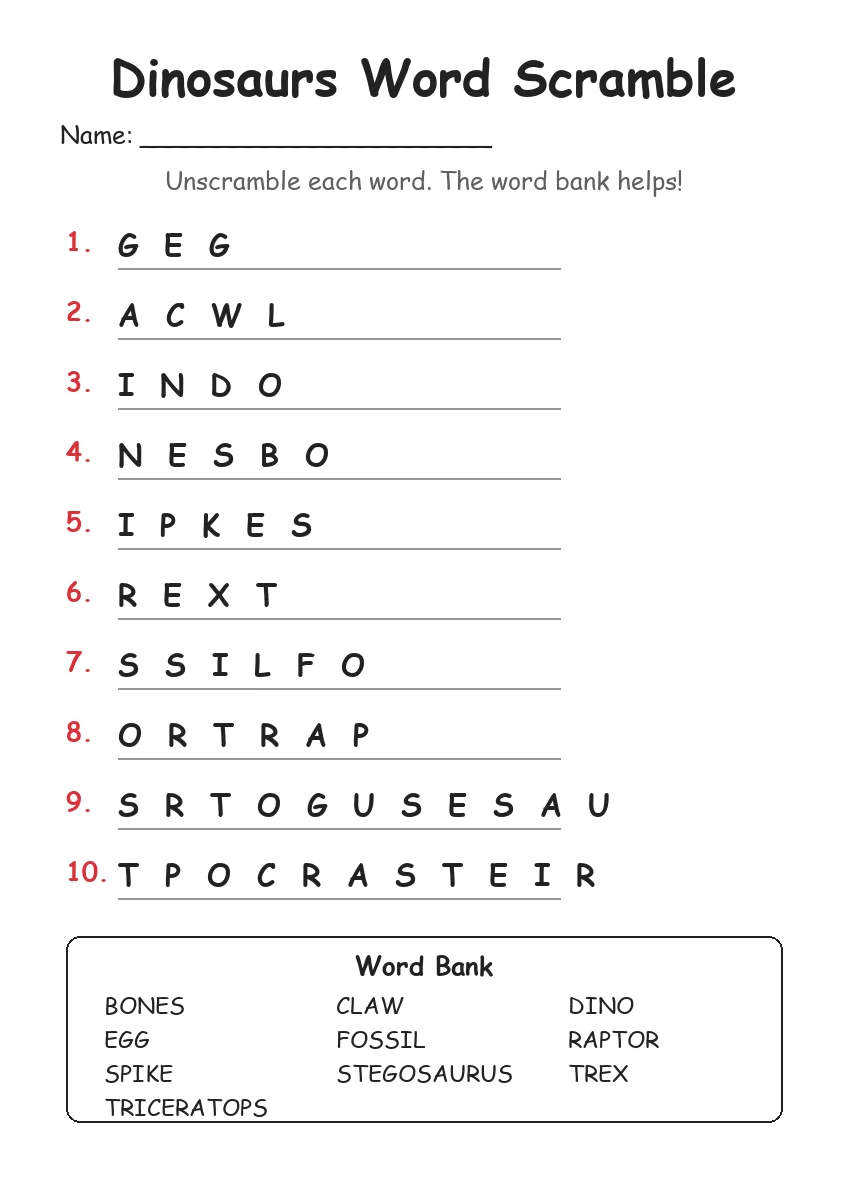 Dinosaurs word scramble worksheet for Grade 3