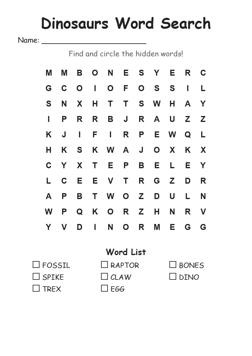 Dinosaurs word search worksheet for Grade 1