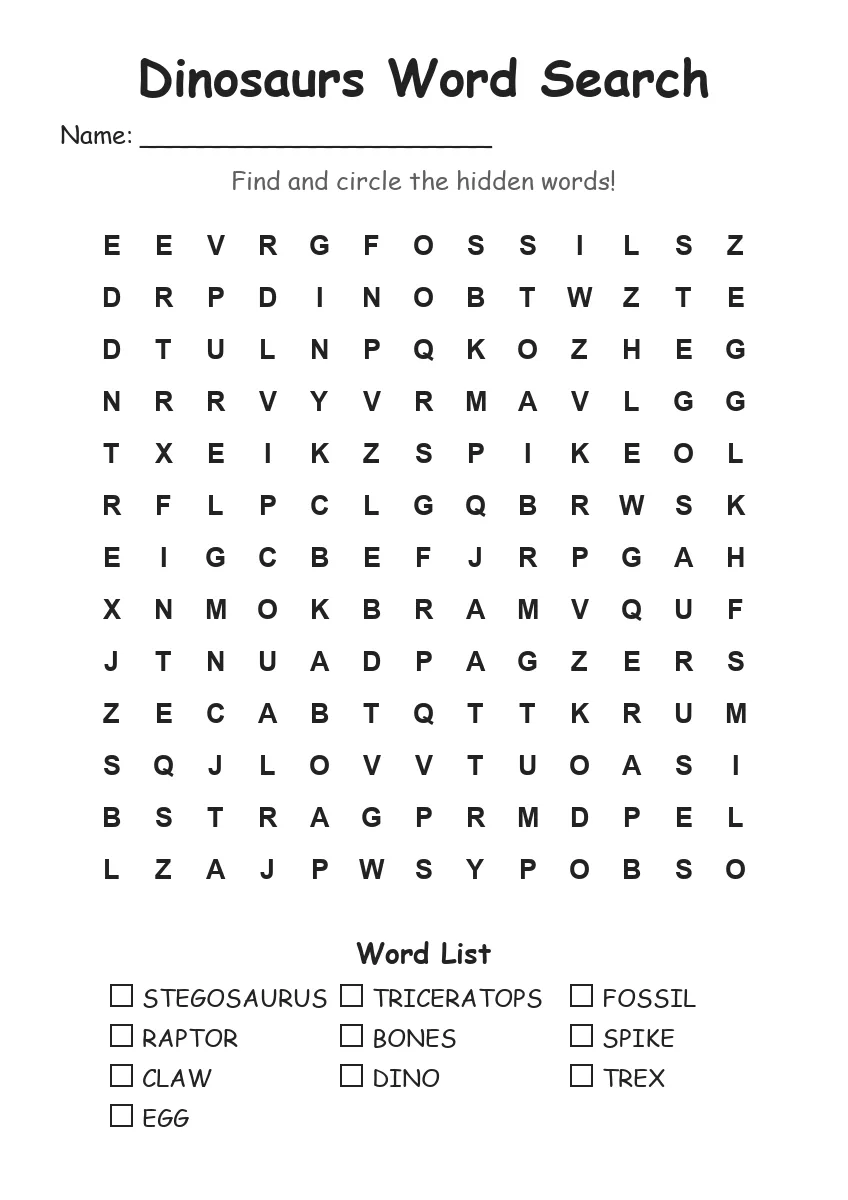 Dinosaurs word search worksheet for Grade 2